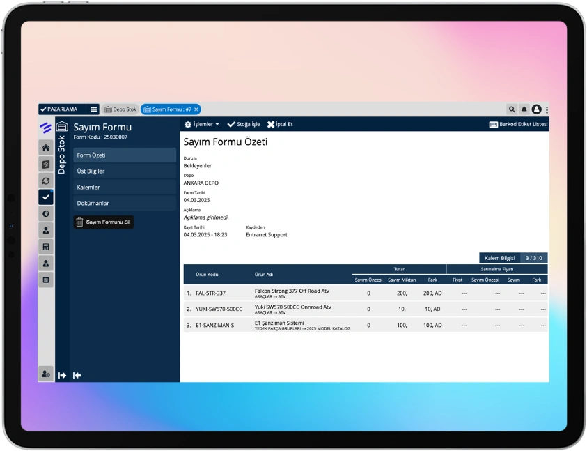 Transfer, Sayım Formları, Sevk Emirleri Ekleyin