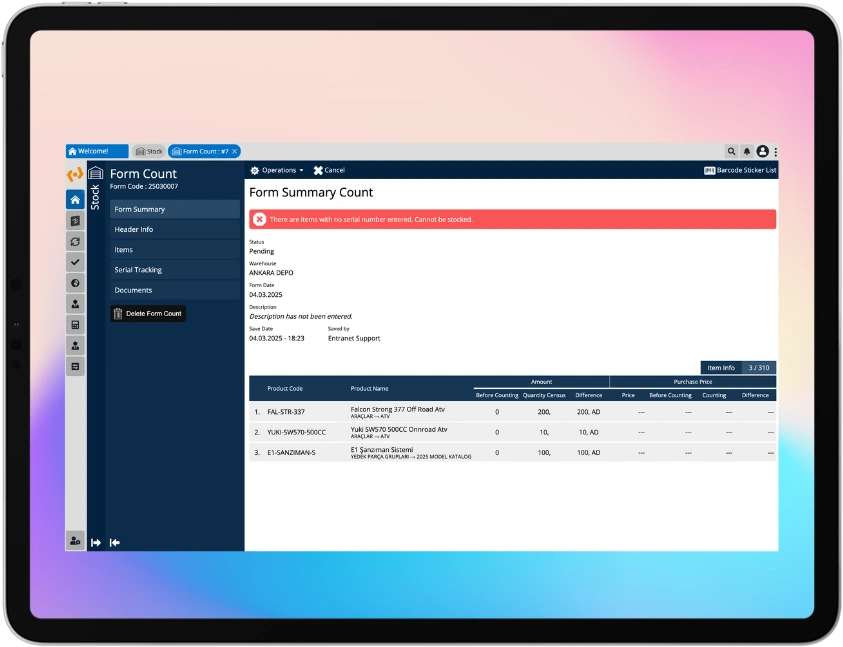 Add Transfer, Count Forms, Shipping Orders